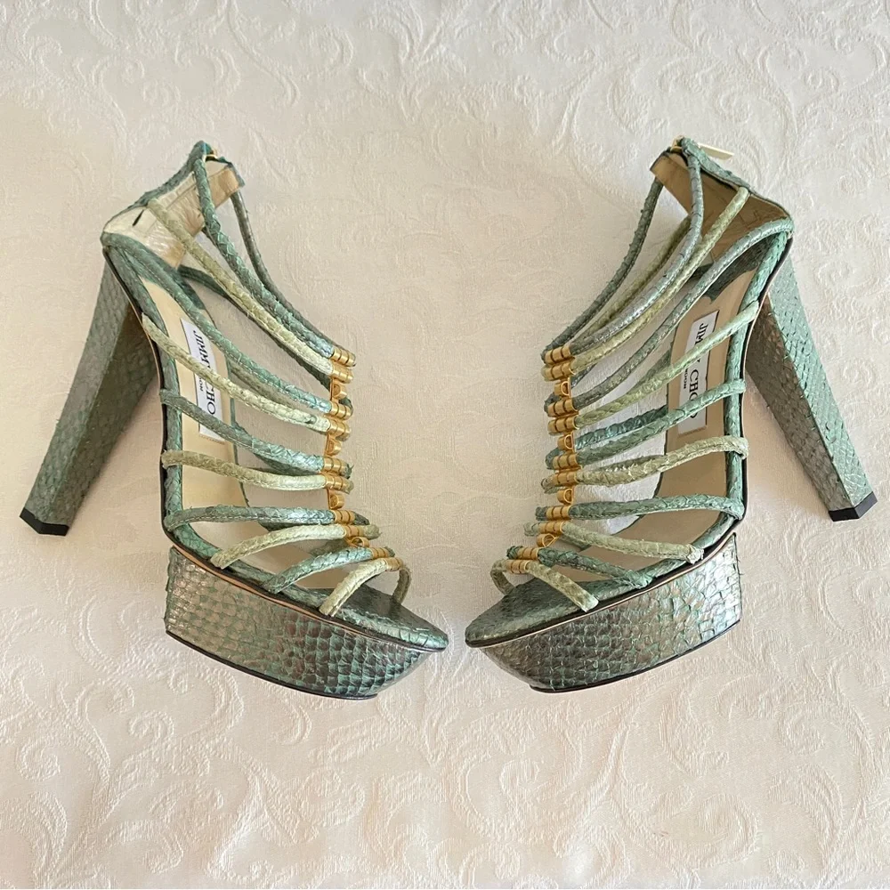 Jimmy choo blue green Python platform caged sandals